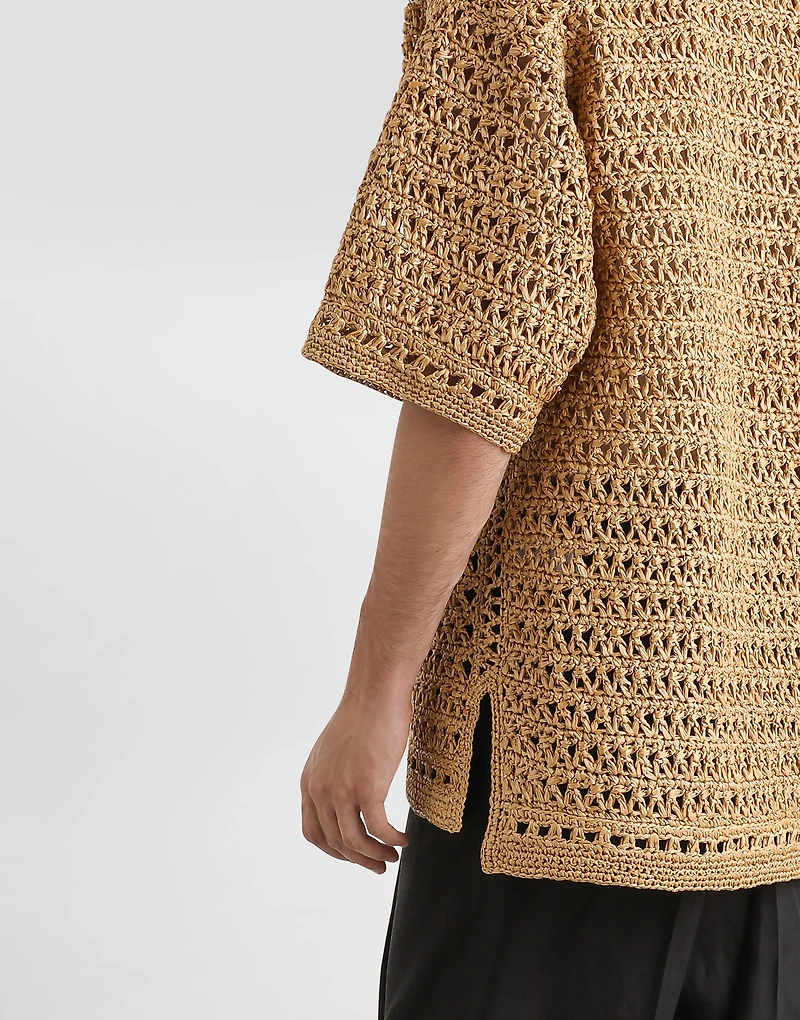 Short-sleeved viscose crochet polo-shirt