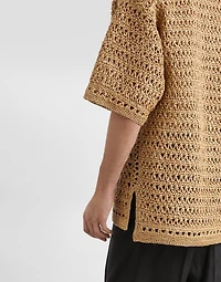 Short-sleeved viscose crochet polo-shirt