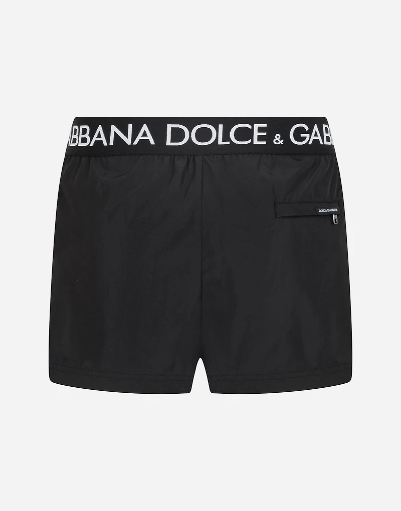 Short swim trunks with branded stretch waistband