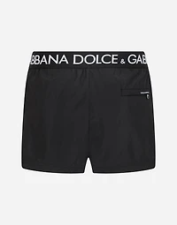 Short swim trunks with branded stretch waistband