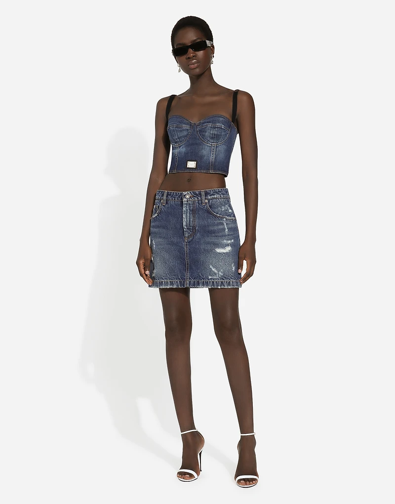 Denim mini skirt with rips