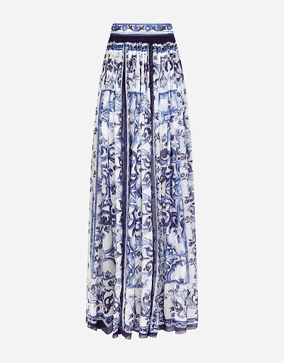 Long majolica-print chiffon skirt
