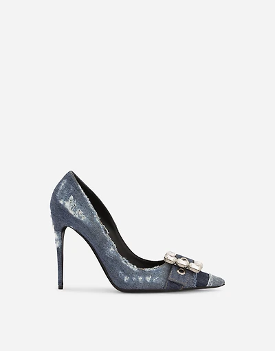Patchwork denim pumps with rhinestone buckle