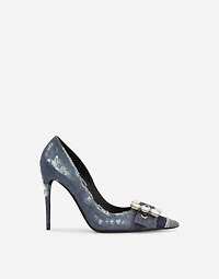 Patchwork denim pumps with rhinestone buckle