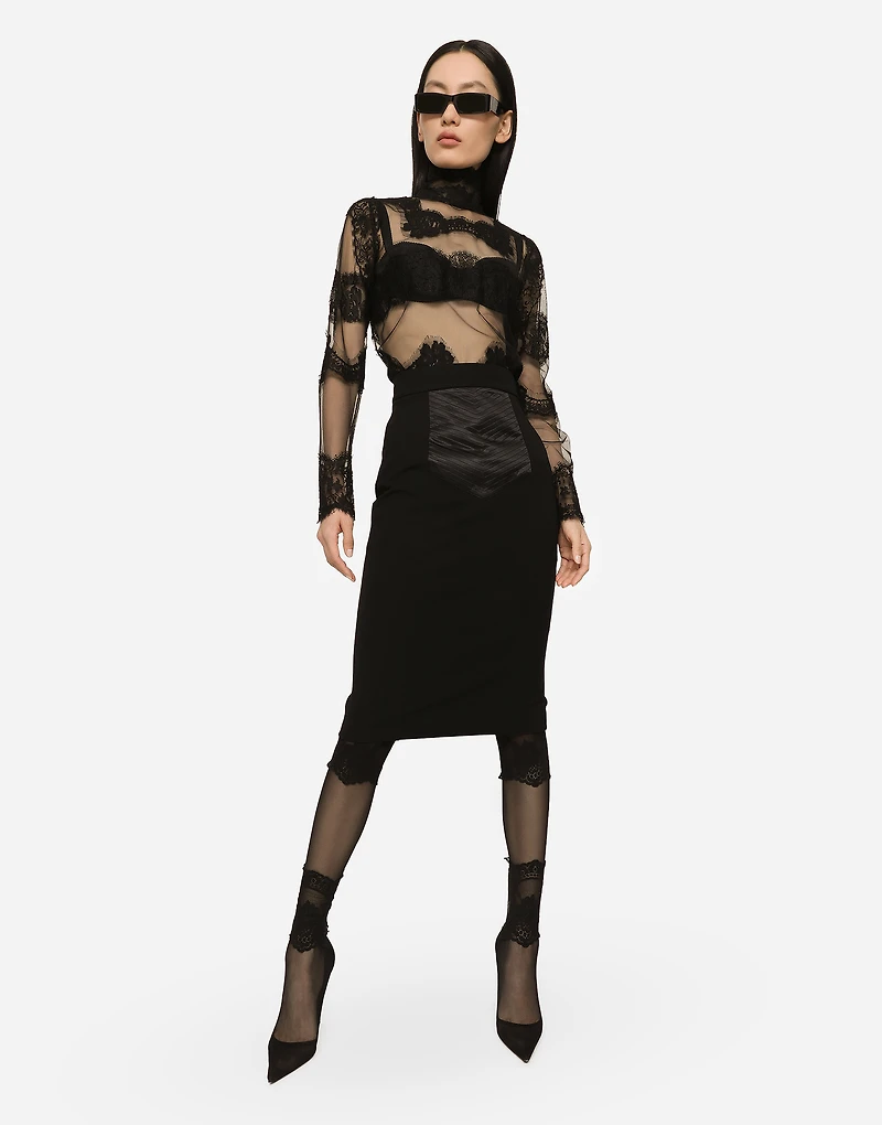 Tulle turtle-neck top with lace inserts