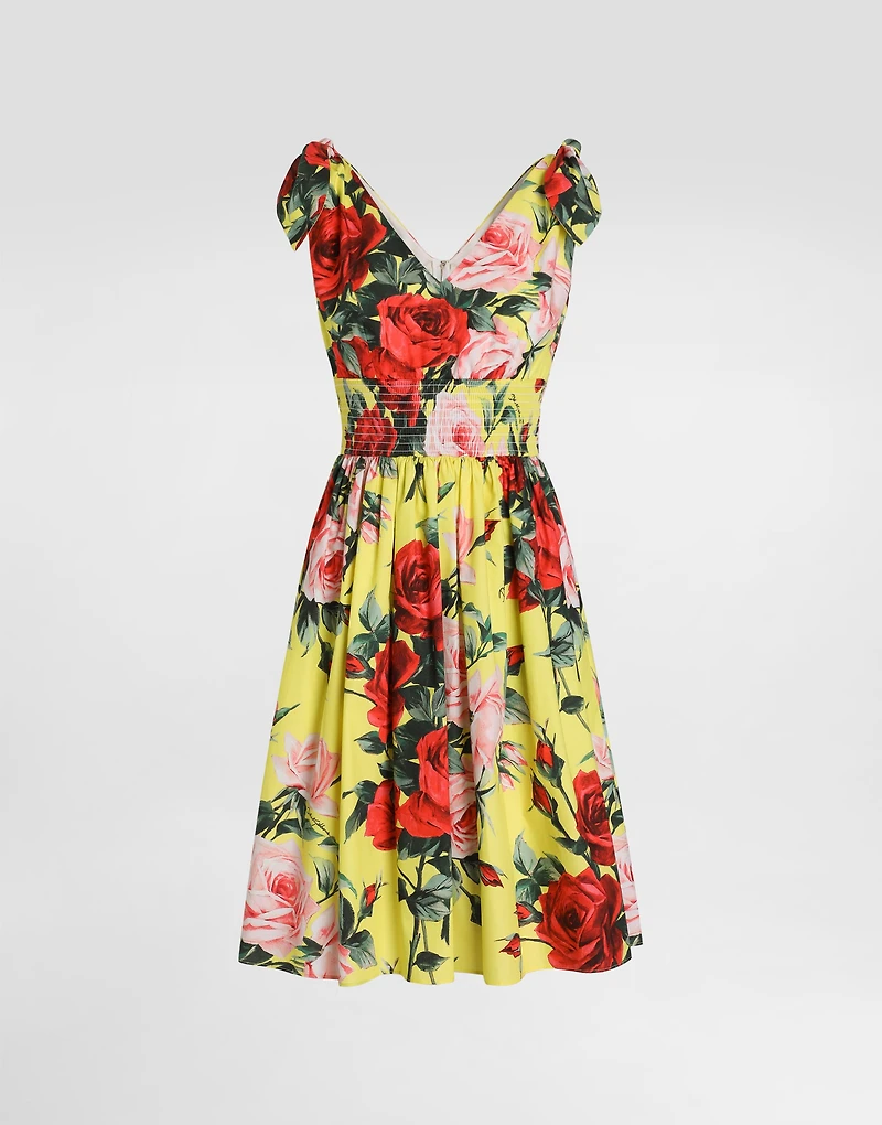 Cotton midi dress with bouquet print and tie details