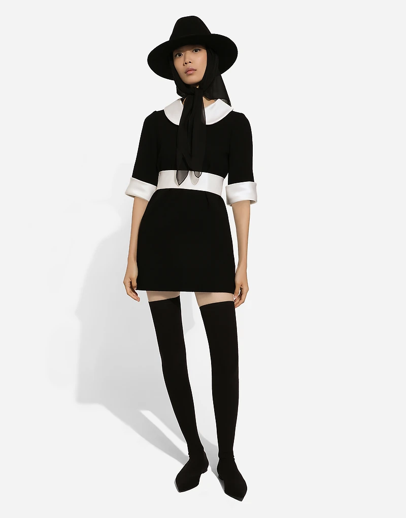 Short wool crepe dress with satin details