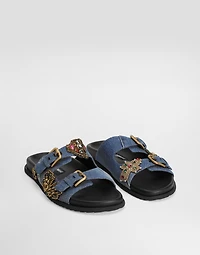 Flat denim slippers with embroidery