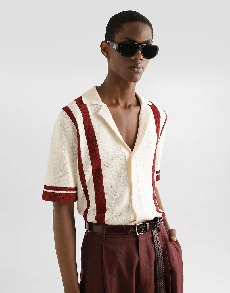 Cotton knit polo-shirt with inlaid stripe