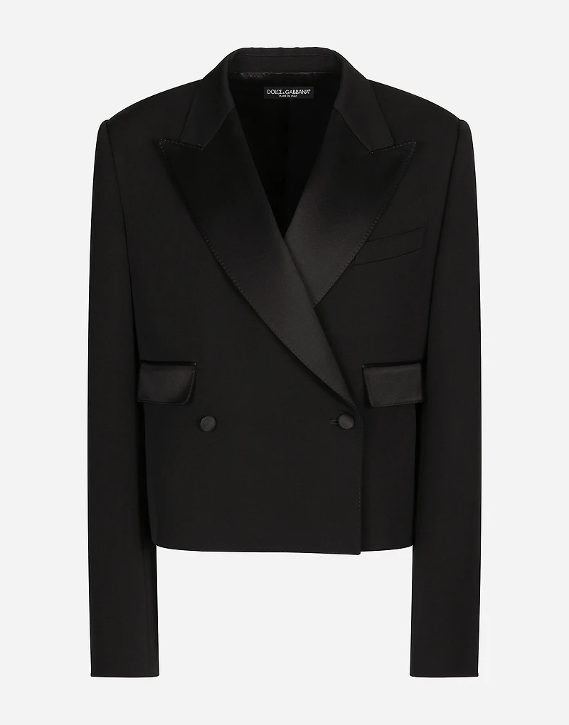 Short double-breasted wool gabardine tuxedo jacket