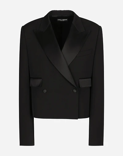 Short double-breasted wool gabardine tuxedo jacket