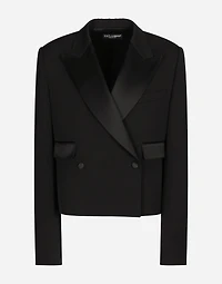 Short double-breasted wool gabardine tuxedo jacket