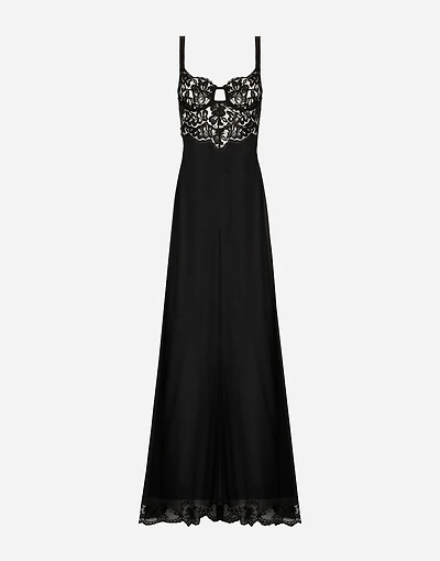 Long silk chiffon dress with lace body