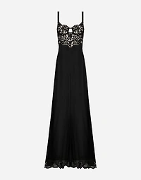 Long silk chiffon dress with lace body