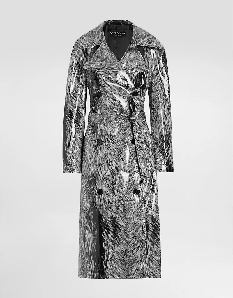 Fur-print coated satin trench coat