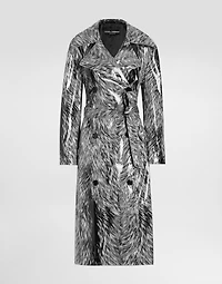 Fur-print coated satin trench coat
