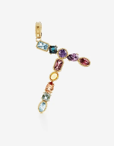 Charm T Lettering 18-carat yellow gold and multicolored gems