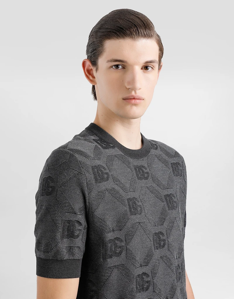 Silk round-neck sweater with jacquard logo