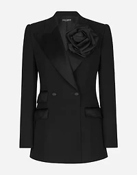 Double-breasted woolen jacket with flower appliqué