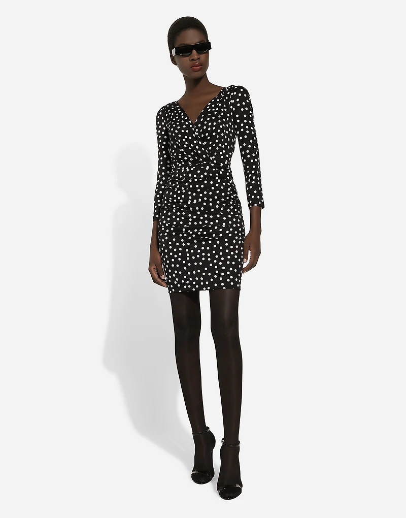 Short charmeuse dress with draped detailing and micro polka-dot print
