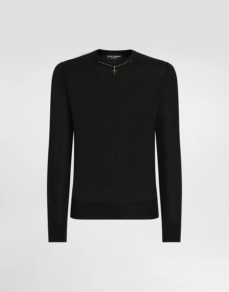 Round-neck cashmere sweater with bejeweled detailing