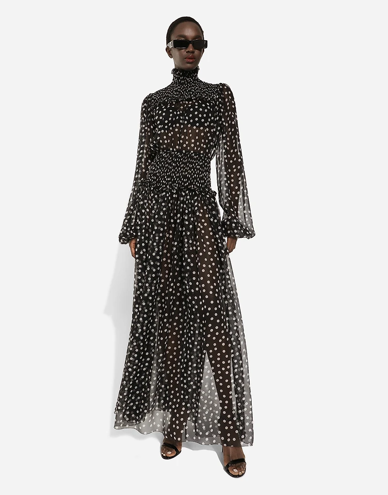 Chiffon midi dress with smock stitching and micro-polka dot print