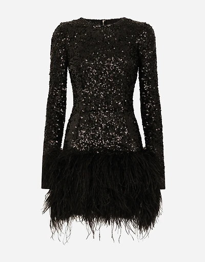 Short sequined dress with feather trim