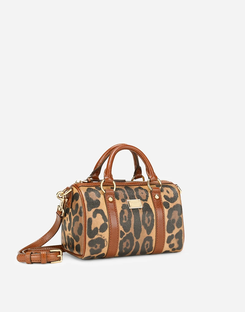 Small box satchel in leopard-print Crespo with branded plate
