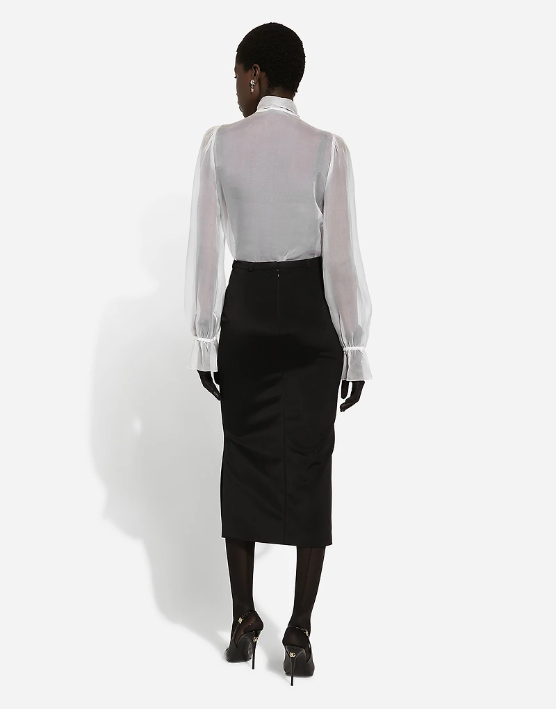Organza pussy-bow shirt with lace appliqués