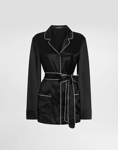 Silk pajama shirt with contrasting piping