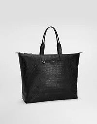Large crocodile-print calfskin shopper