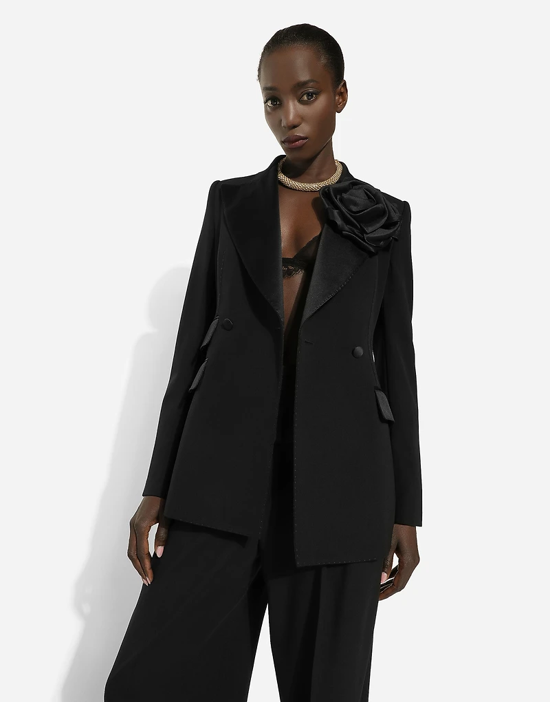 Double-breasted woolen jacket with flower appliqué