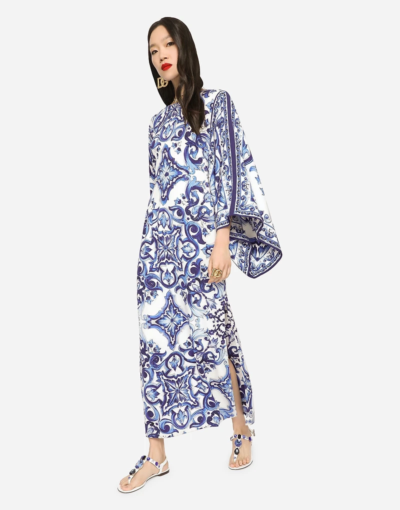 Long majolica-print charmeuse dress