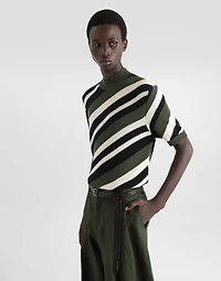 Short-sleeved cotton mock-turtleneck with striped inlay
