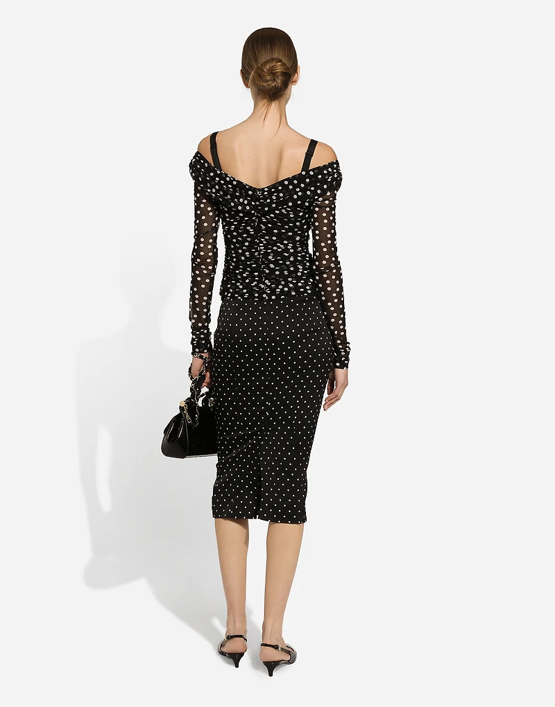 Polka-dot tulle top with wrap-front neckline