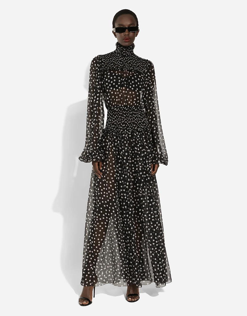 Chiffon midi dress with smock stitching and micro-polka dot print