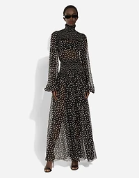 Chiffon midi dress with smock stitching and micro-polka dot print