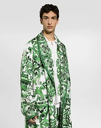 Oversize silk and yarn shirt with majolica print