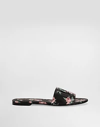 Calfskin flat slippers with rose print