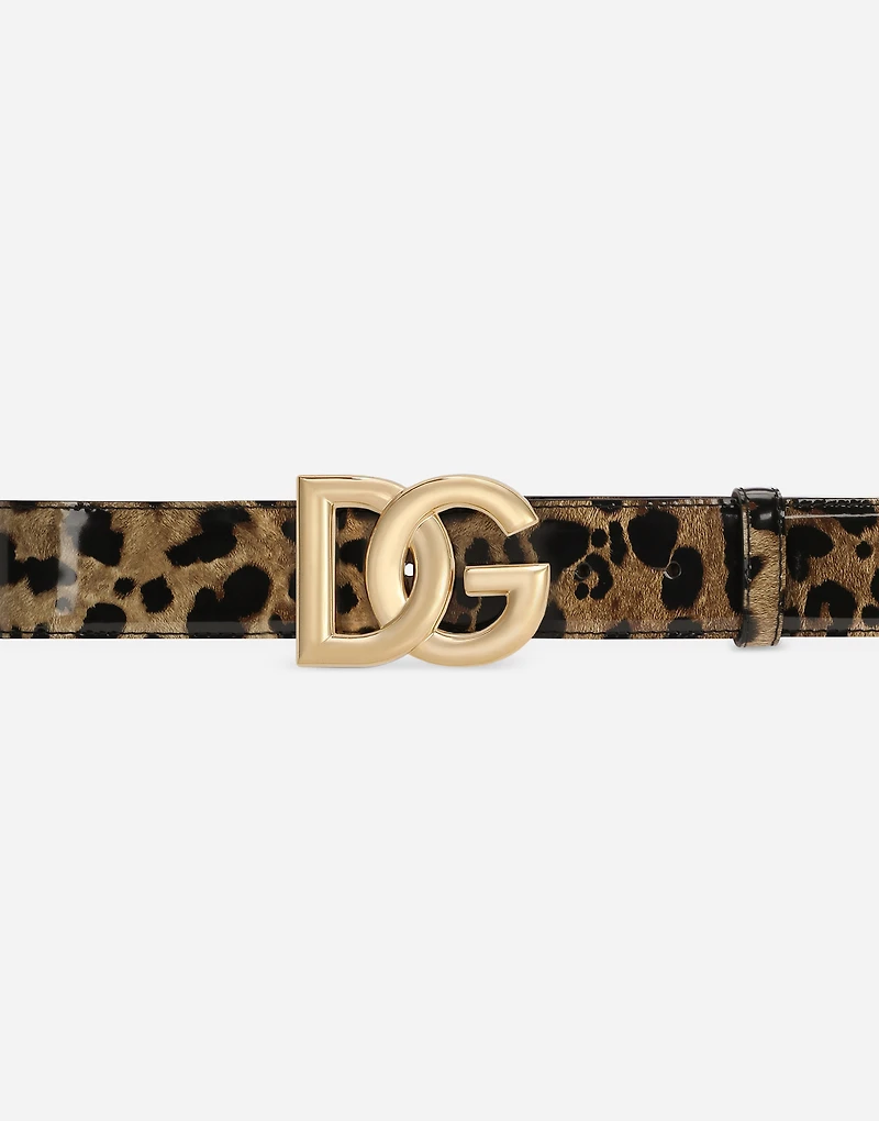 Leopard-print glossy calfskin belt with DG logo