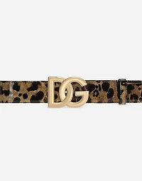 Leopard-print glossy calfskin belt with DG logo