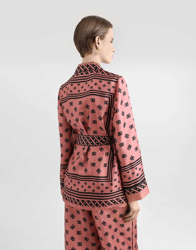 Silk twill pajama shirt with all-over DG logo scarf print