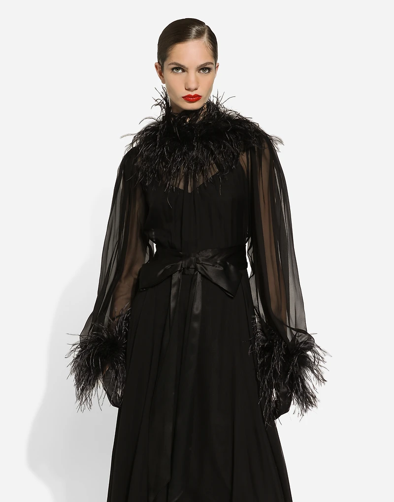Long silk chiffon dress with ostrich feather details