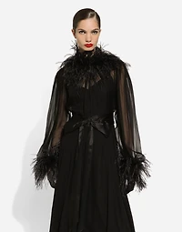 Long silk chiffon dress with ostrich feather details