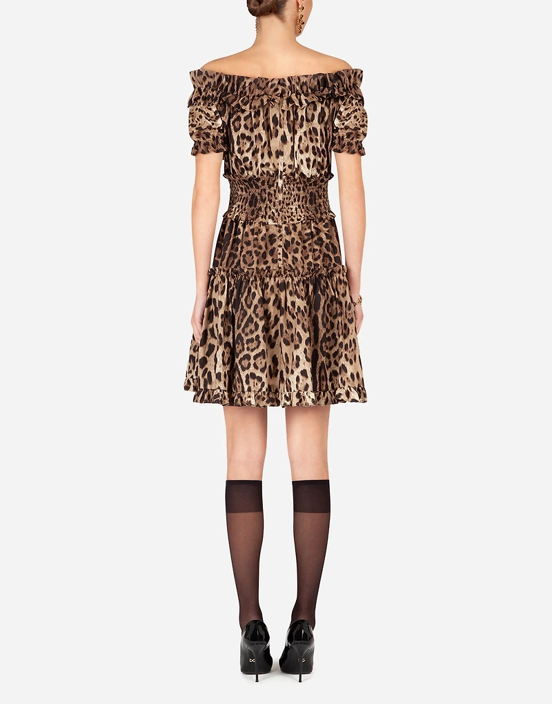 Short leopard-print poplin dress