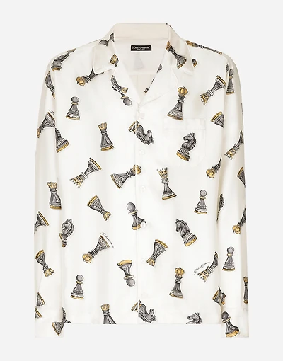 Silk twill shirt with chess-piece print