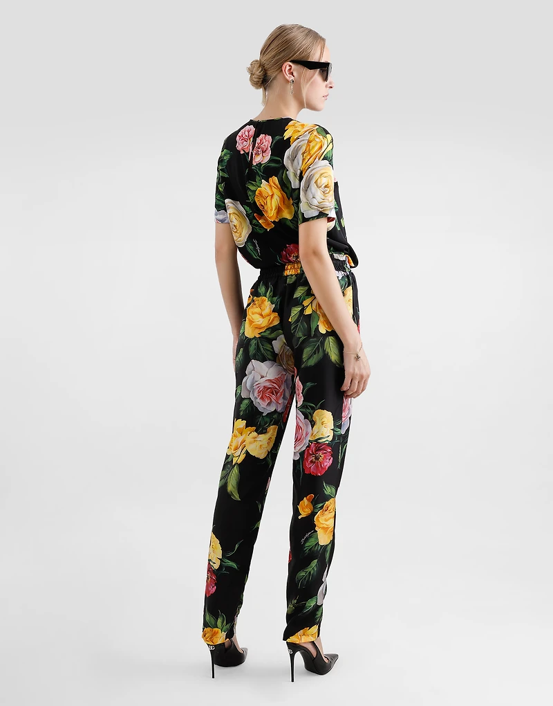Silk charmeuse blouse with peony and rose print