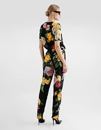 Silk charmeuse blouse with peony and rose print