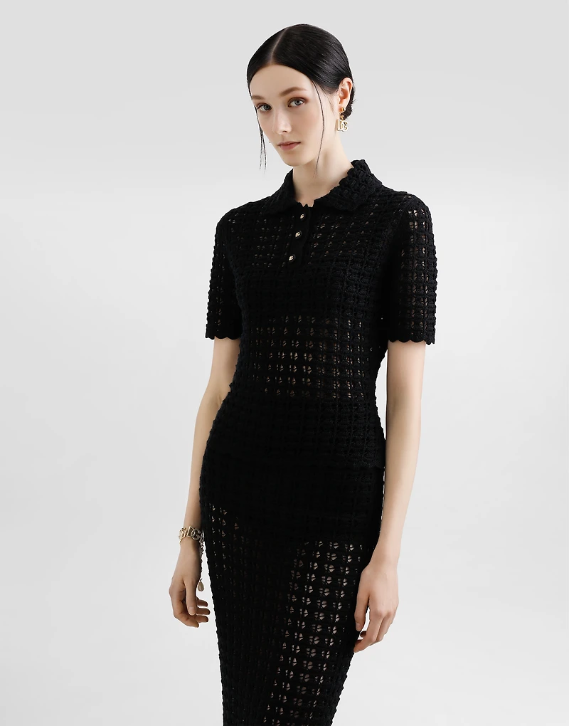 Wool lace-stitch polo-shirt