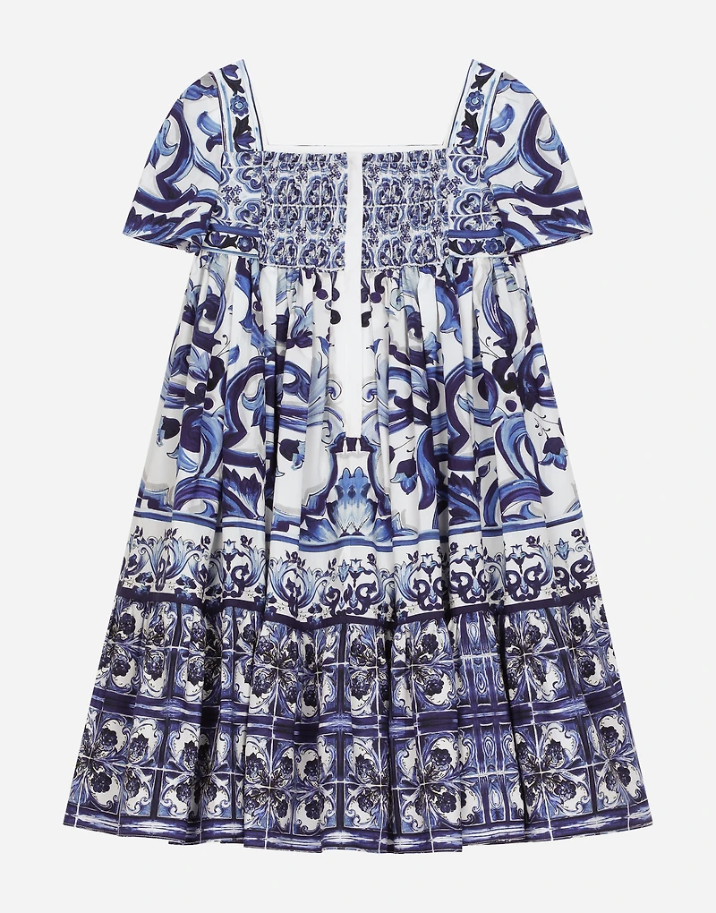 Long majolica-print poplin dress